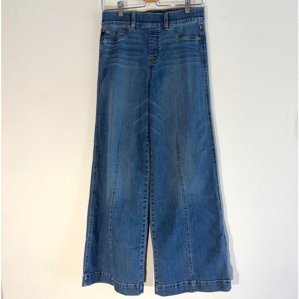 Spanx Wide Leg Jeans Medium Wash Pull On High Rise Seam Detail Size M Petite